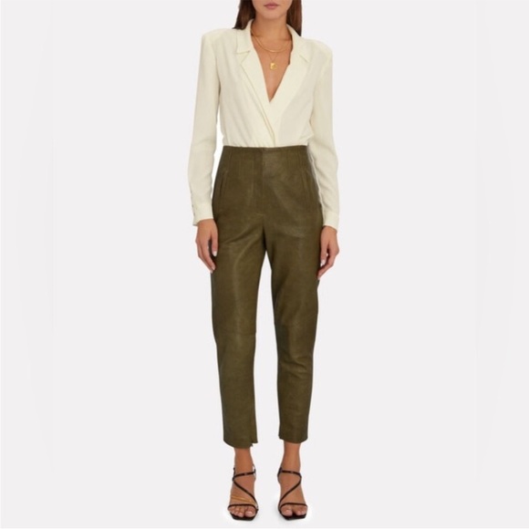 Veronica Beard Pants - Veronica Beard Sethe Green Moto 100% Lamb Leather Pants size 4 chic 90s feminine